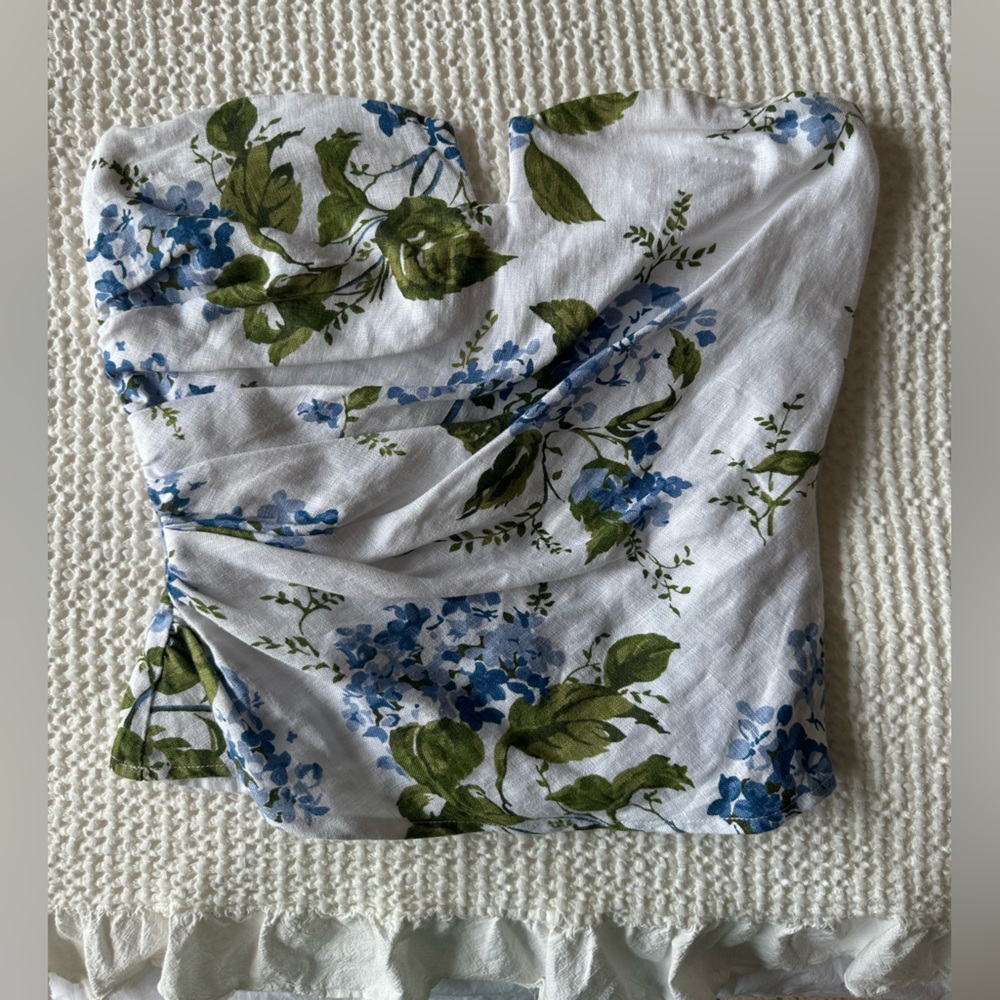 Reformation White Strapless Floral Bustier with Blue and Green Print